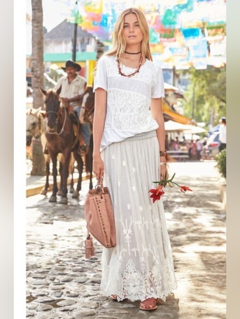 Sundance,  Astoria lace overlay, maxi skirt, ivory, Gray boho Embroidered L
